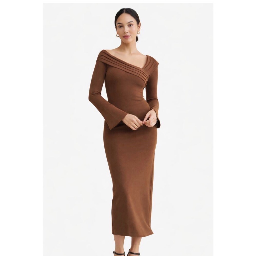 Elexiay Women’s Enugu Chic Long Sleeve Brown Dress - Nwt